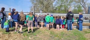children looking at pigs